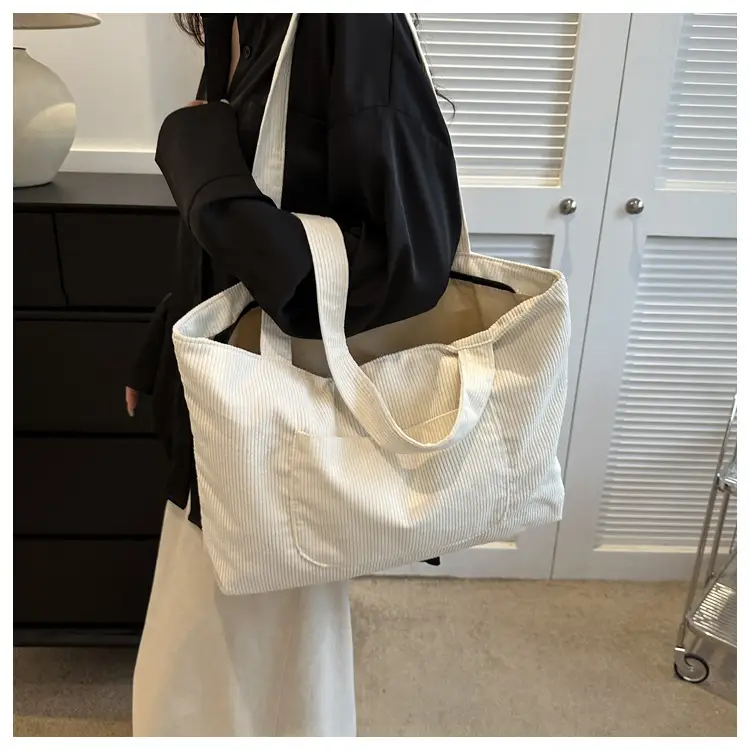 2025 White Corduroy Shoulder Bag Large Capacity Commuting Tote — feature 35