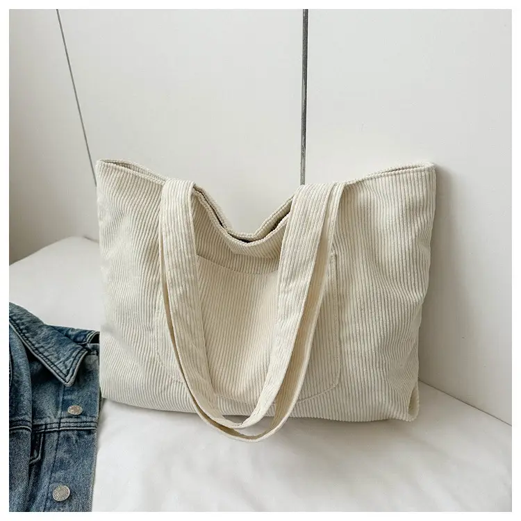 2025 White Corduroy Shoulder Bag Large Capacity Commuting Tote — feature 9