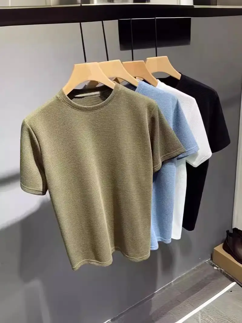 Men's Loose Wafflet T-Shirt Olive Green Summer Top - Image 7