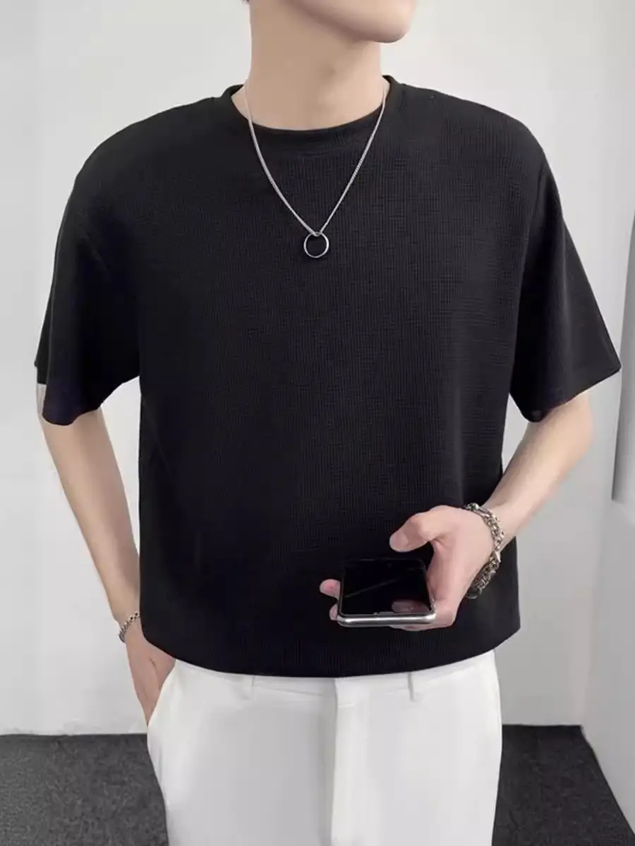 Men's Loose Wafflet T-Shirt Olive Green Summer Top - Image 8