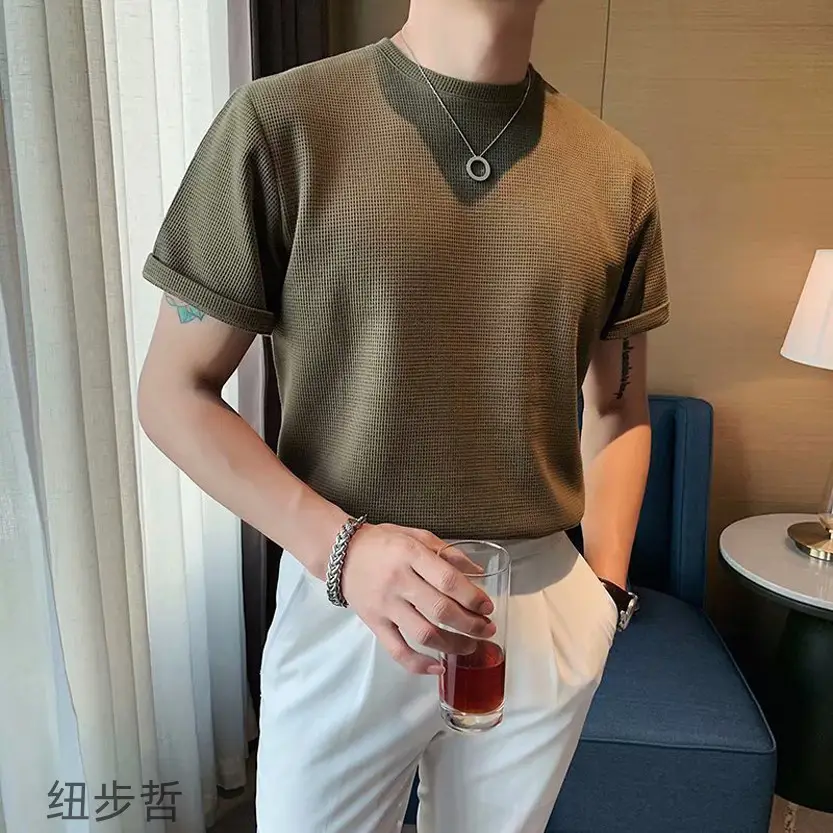 Men's Loose Wafflet T-Shirt Olive Green Summer Top — feature 5