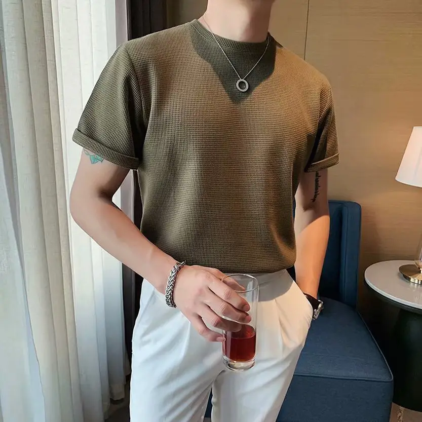 Men's Loose Wafflet T-Shirt Olive Green Summer Top - Image 3