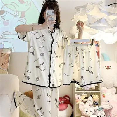 Rabbit Print Women's Black Pajamas Set Plus Size - Image 33