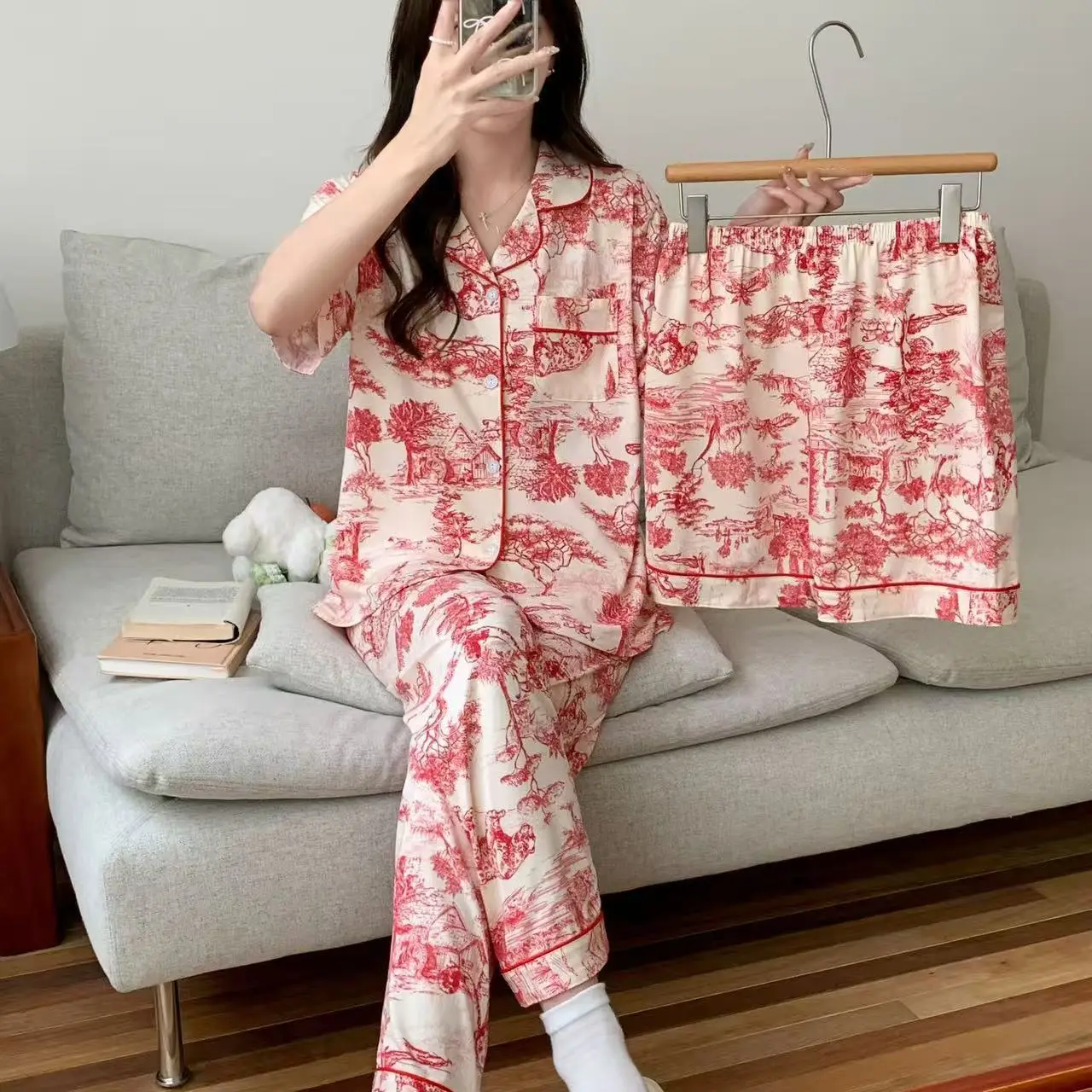 Rabbit Print Women's Black Pajamas Set Plus Size - Image 36