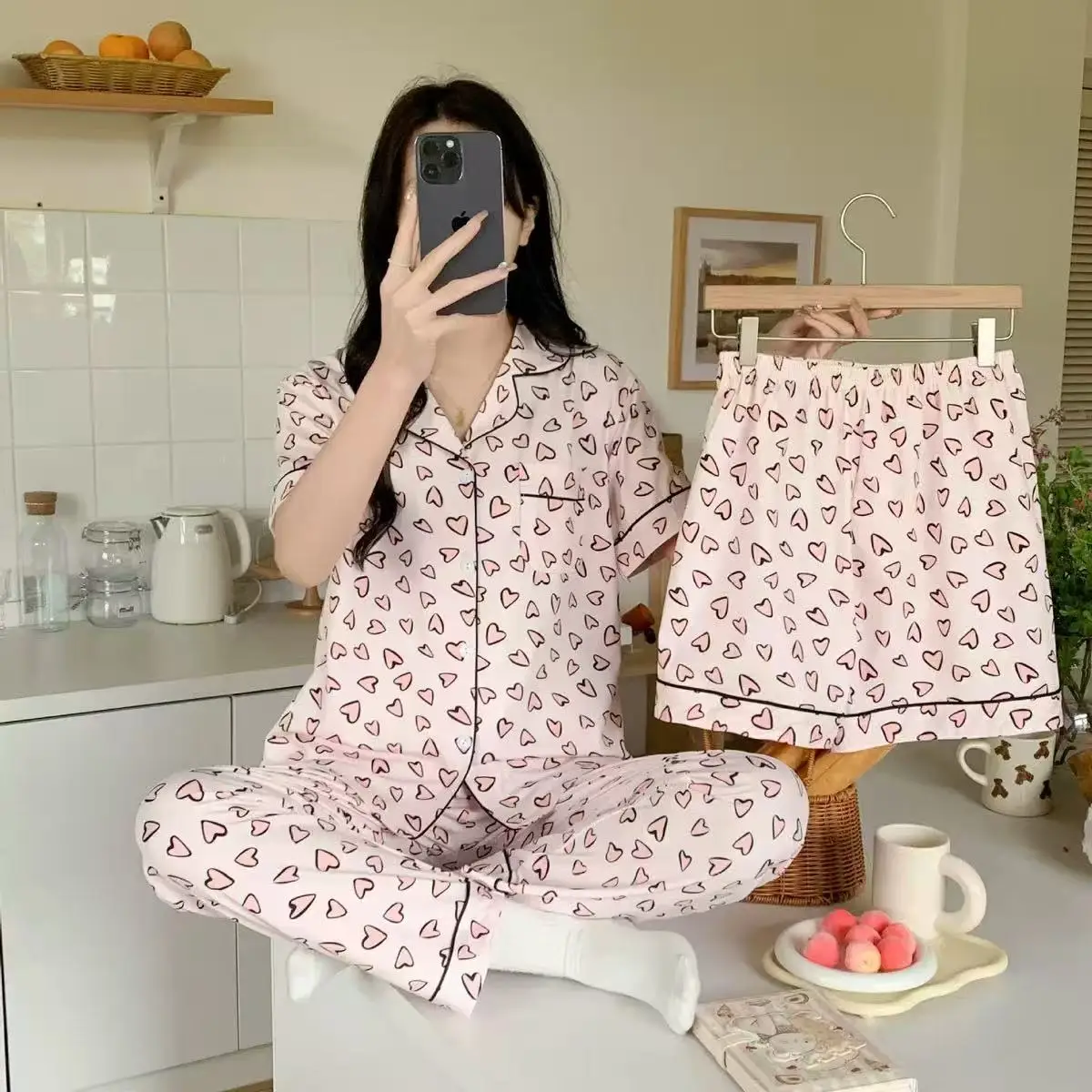 Rabbit Print Women's Black Pajamas Set Plus Size - Image 44