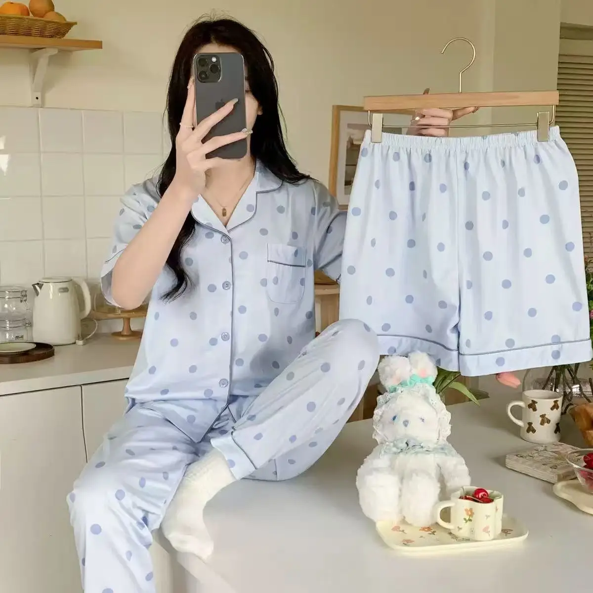 Rabbit Print Women's Black Pajamas Set Plus Size - Image 46