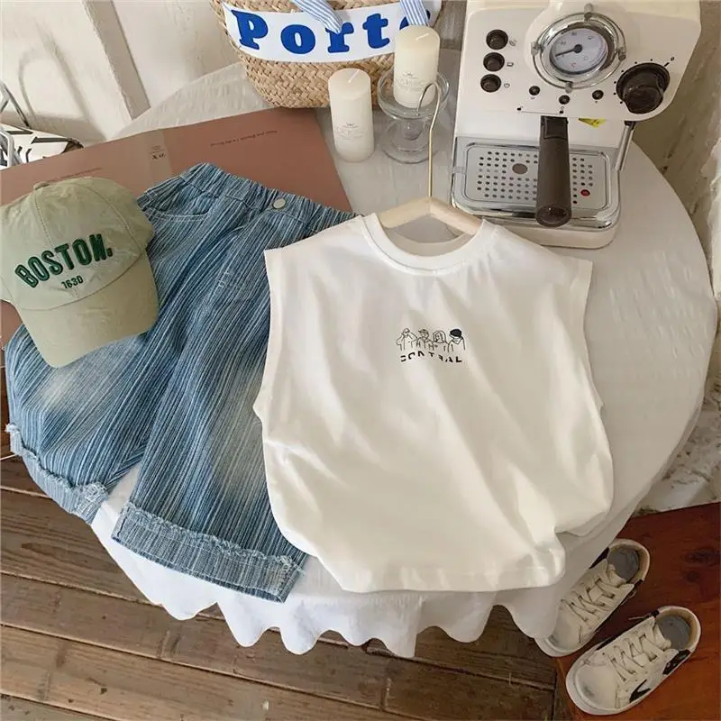 Boys Cotton Sleeveless T-Shirt White Summer Kids - Image 4