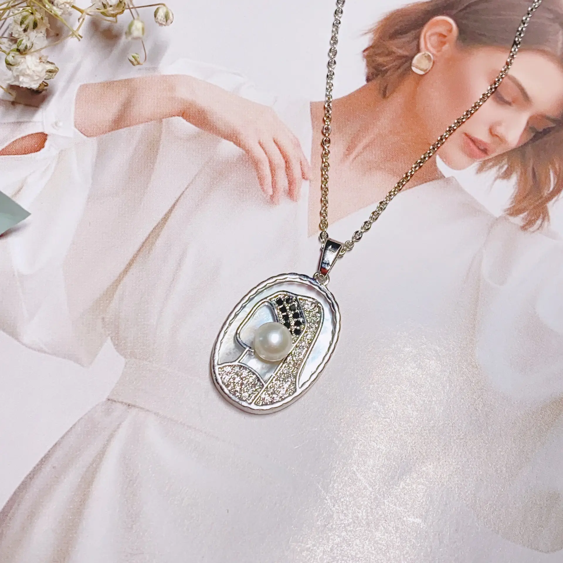 Women's Pearl Pendant Necklace with Balance Wood & Copper Bag - Image 15