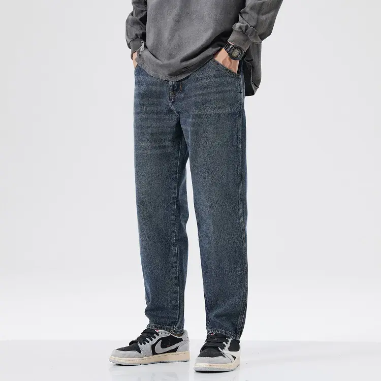Heavy Vintage Wash Men Jeans Dark Blue Tapered Spring Summer — feature 4