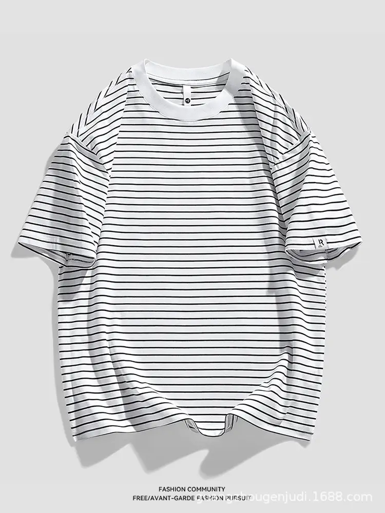 Men Striped Cotton T-Shirt Loose Fit Casual Summer - Image 7