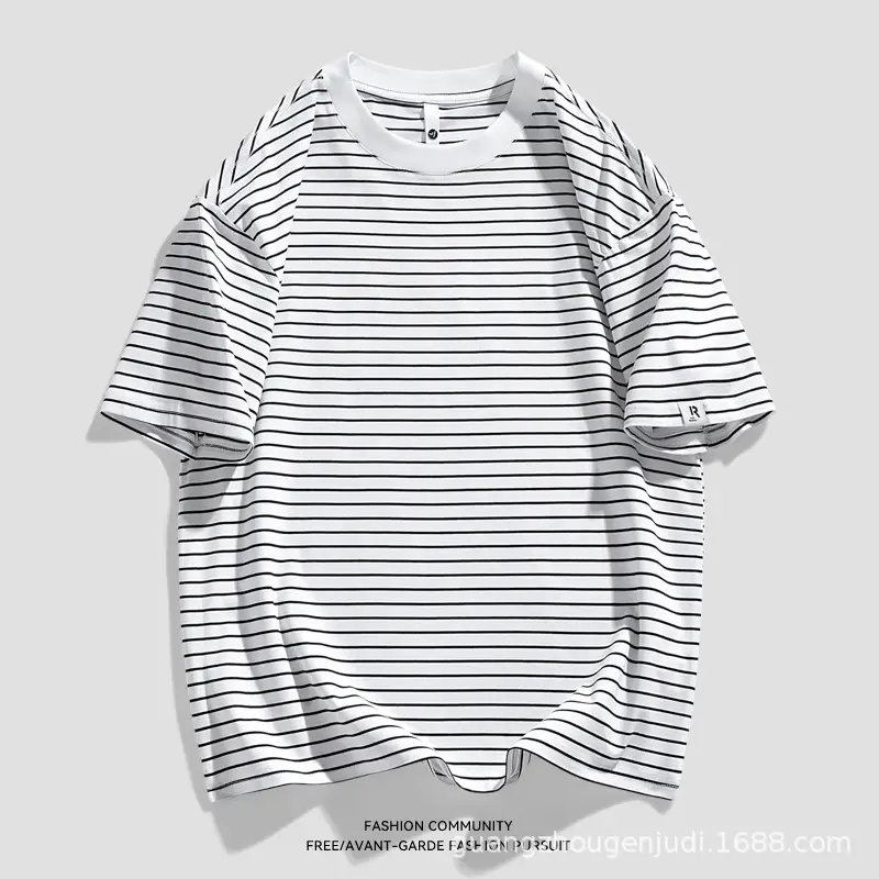 Men Striped Cotton T-Shirt Loose Fit Casual Summer - Image 2