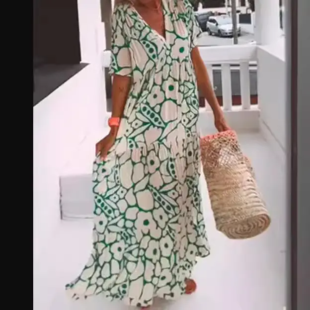 Dress Summer 2024 New Women's Clothing Wish Amazon European and American Export Printed Short-Sleeved V Neck Long Skirt Versatile