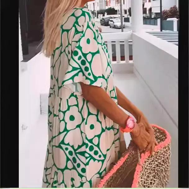 Dress Summer 2024 New Women's Clothing Wish Amazon European and American Export Printed Short-Sleeved V Neck Long Skirt Versatile