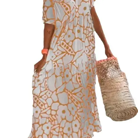 Dress Summer 2024 New Women's Clothing Wish Amazon European and American Export Printed Short-Sleeved V Neck Long Skirt Versatile