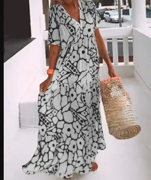 Dress Summer 2024 New Women's Clothing Wish Amazon European and American Export Printed Short-Sleeved V Neck Long Skirt Versatile