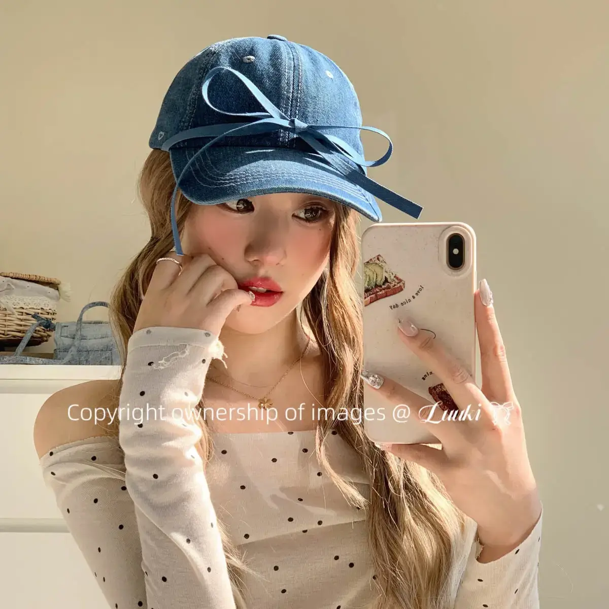 Bowknot Denim Cap with Heart & Rhinestone Design - Image 4