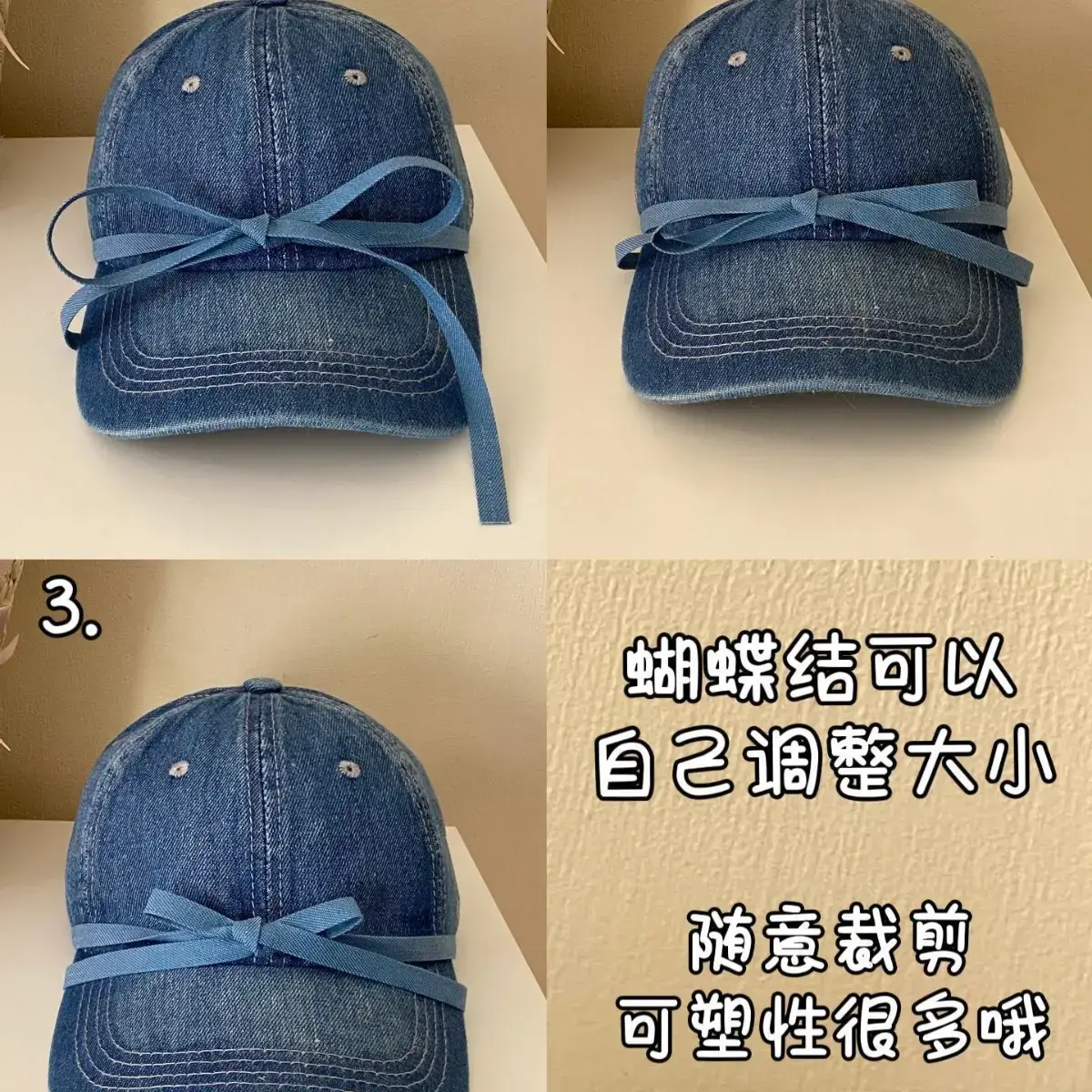 Bowknot Denim Cap with Heart & Rhinestone Design - Image 6