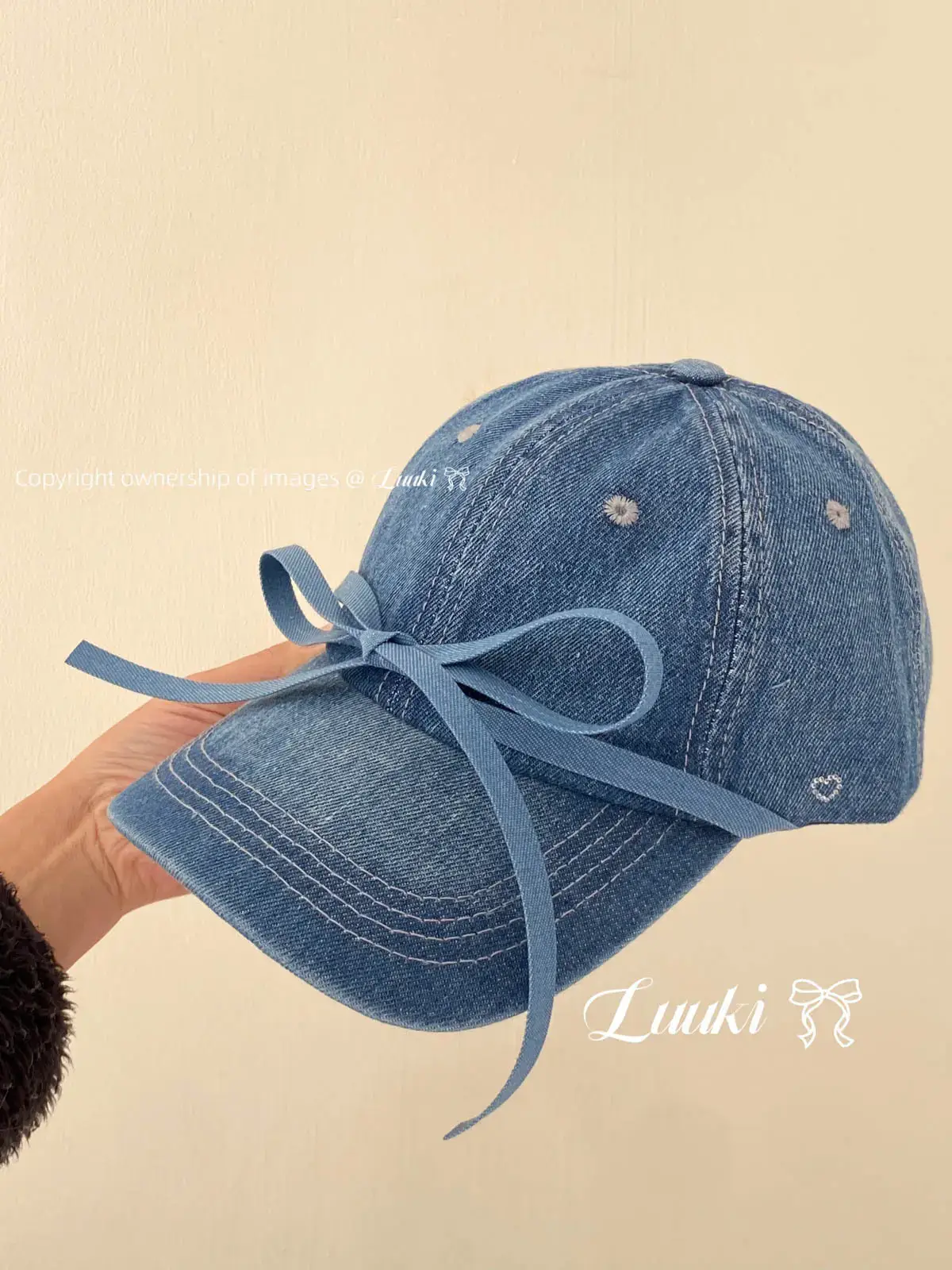 Bowknot Denim Cap with Heart & Rhinestone Design — feature 1