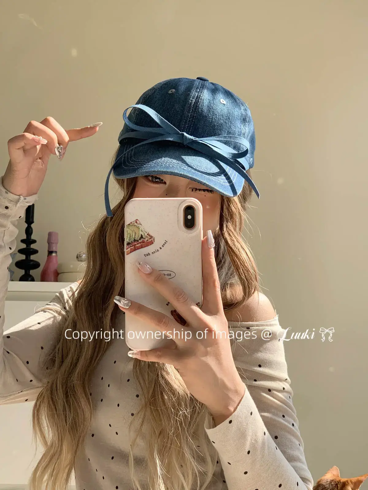Bowknot Denim Cap with Heart & Rhinestone Design — feature 11