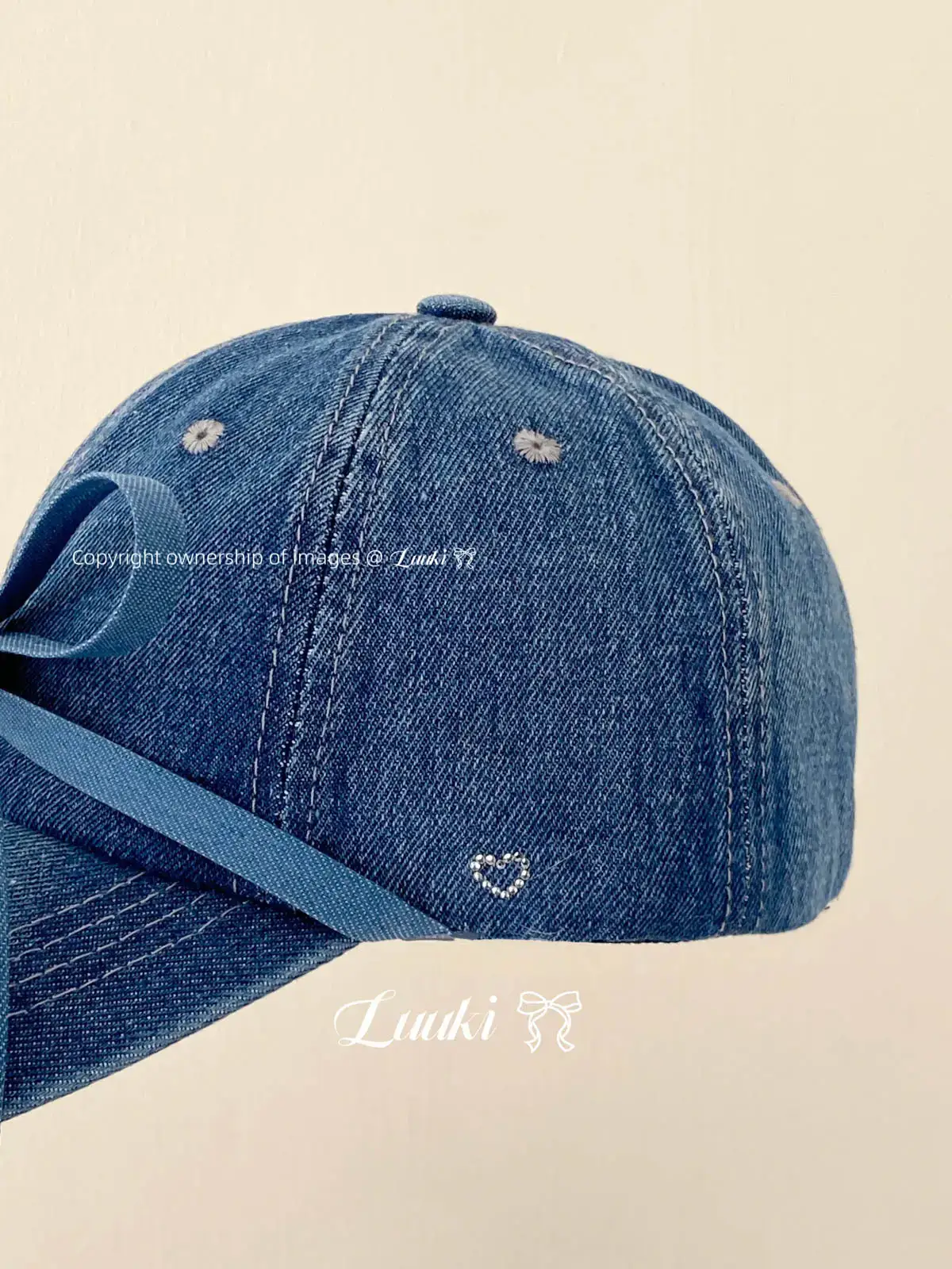 Bowknot Denim Cap with Heart & Rhinestone Design — feature 13