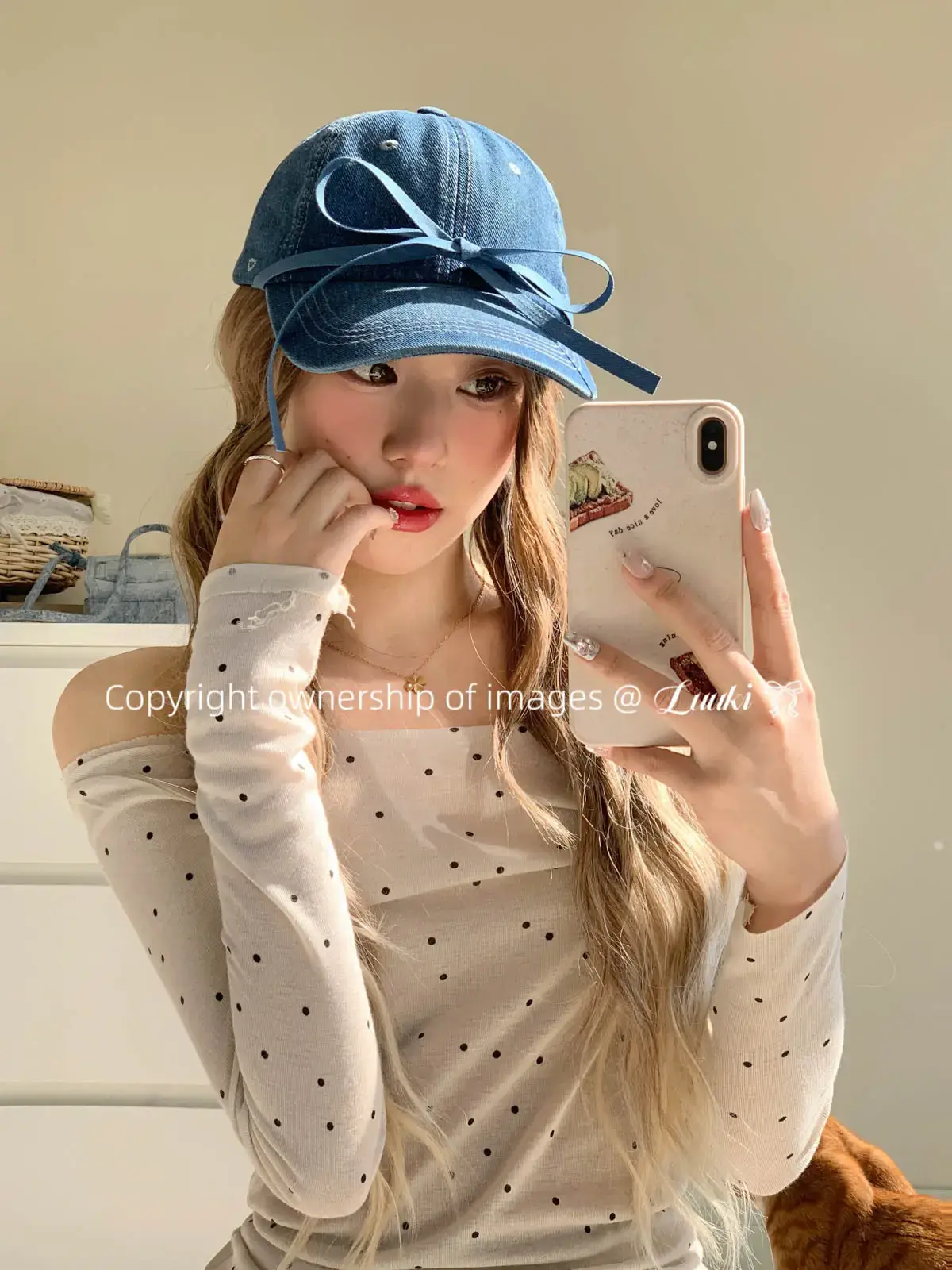 Bowknot Denim Cap with Heart & Rhinestone Design — feature 4