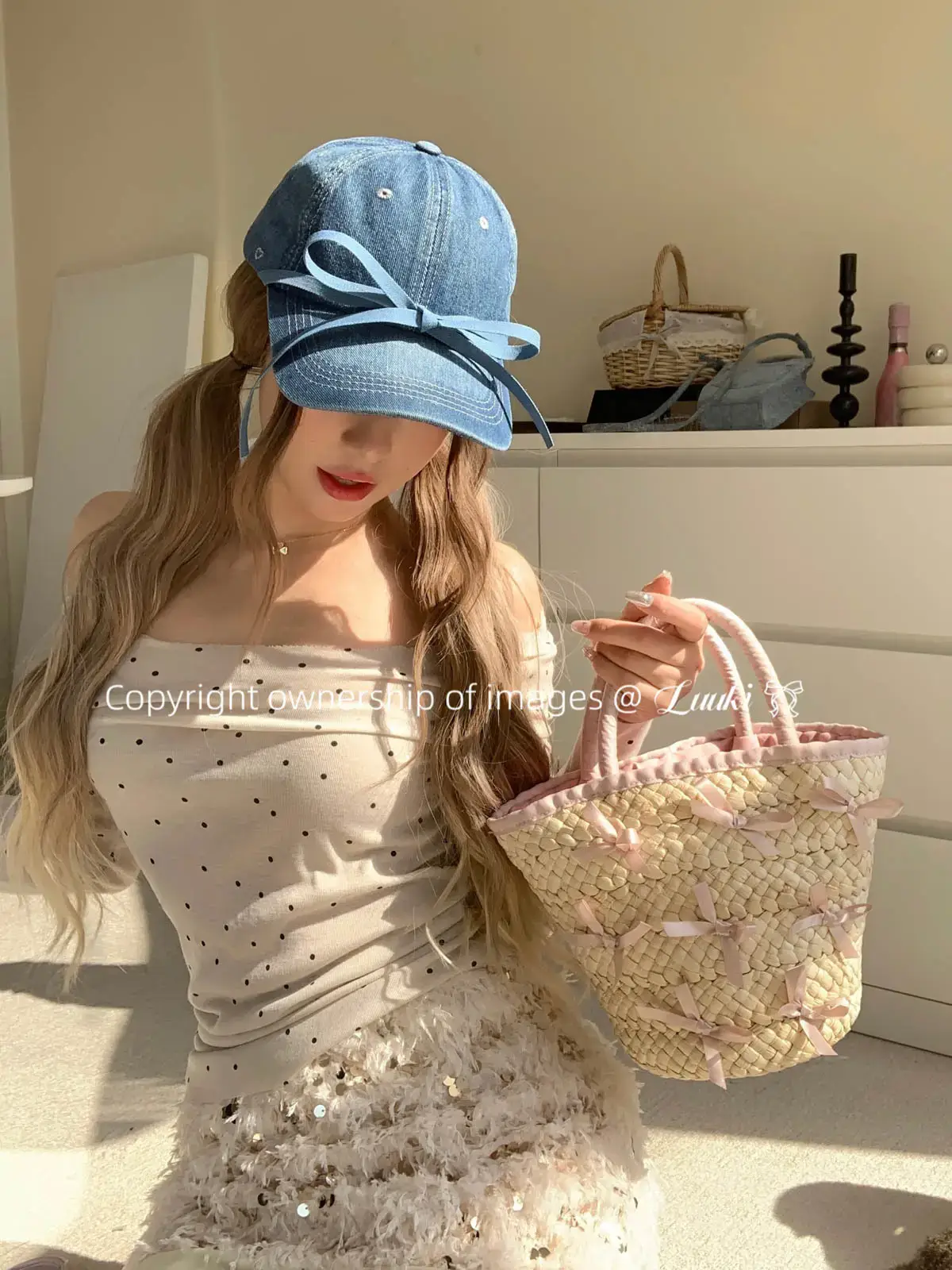 Bowknot Denim Cap with Heart & Rhinestone Design — feature 5