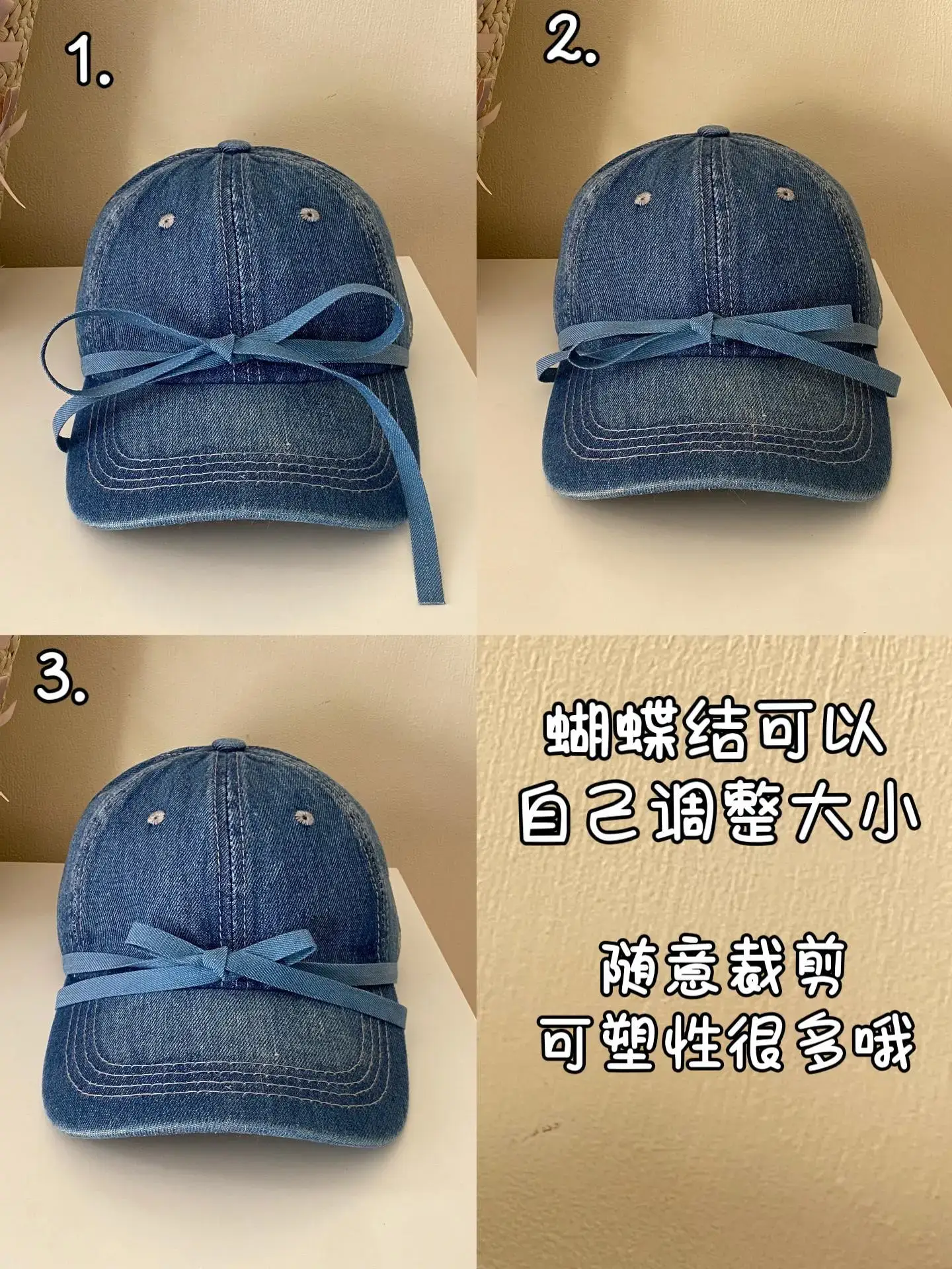 Bowknot Denim Cap with Heart & Rhinestone Design — feature 7