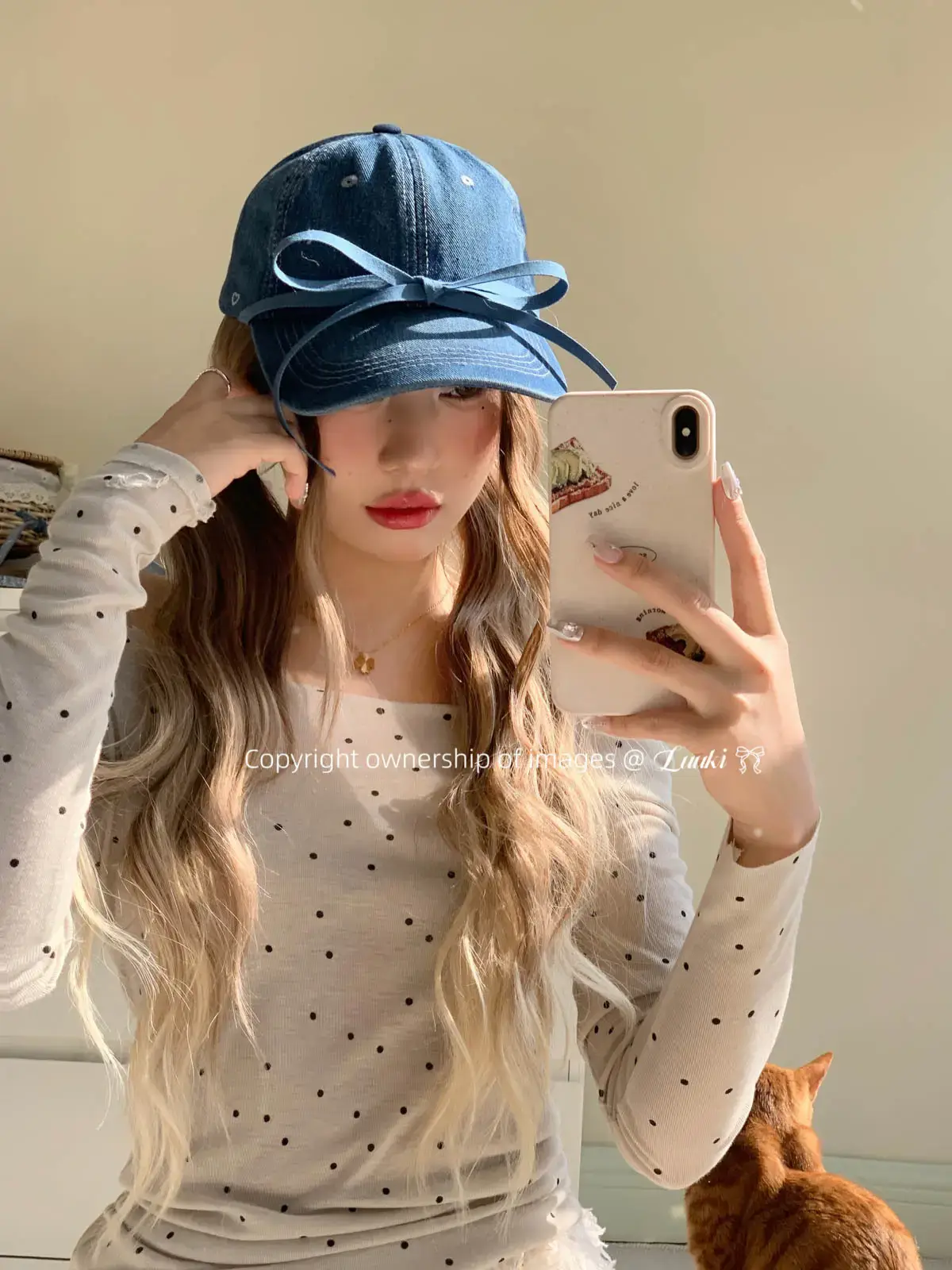 Bowknot Denim Cap with Heart & Rhinestone Design — feature 9