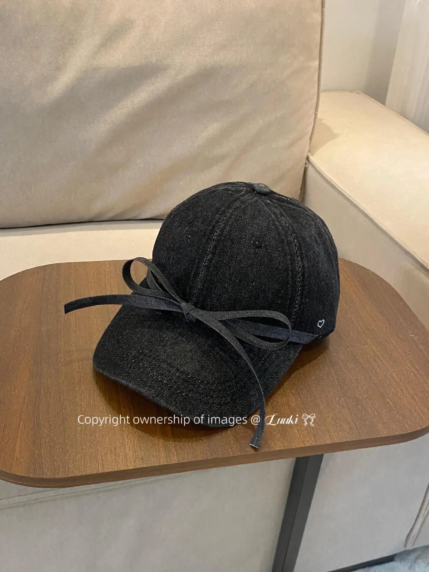 Bowknot Denim Cap with Heart & Rhinestone Design - Image 2