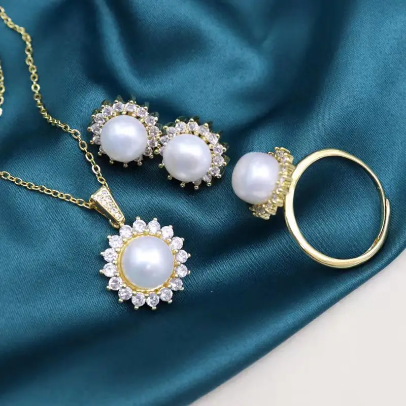 Luxury Pearl Earrings Necklace Ring Set for Women
