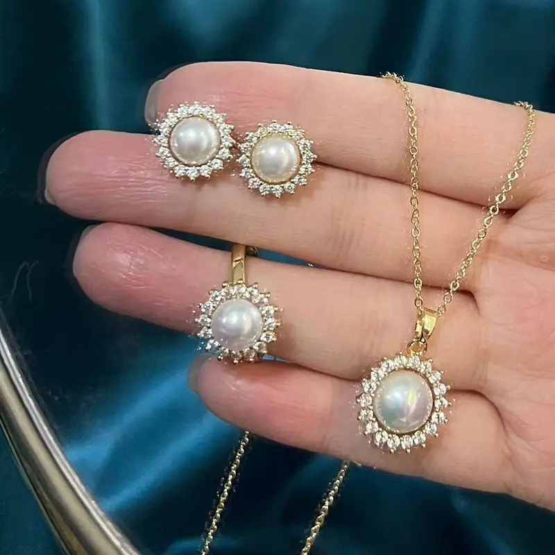 Luxury Pearl Earrings Necklace Ring Set for Women