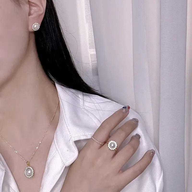 Luxury Pearl Earrings Necklace Ring Set for Women