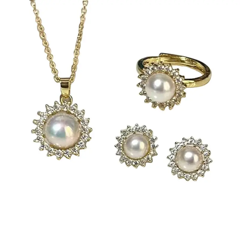 Luxury Pearl Earrings Necklace Ring Set for Women