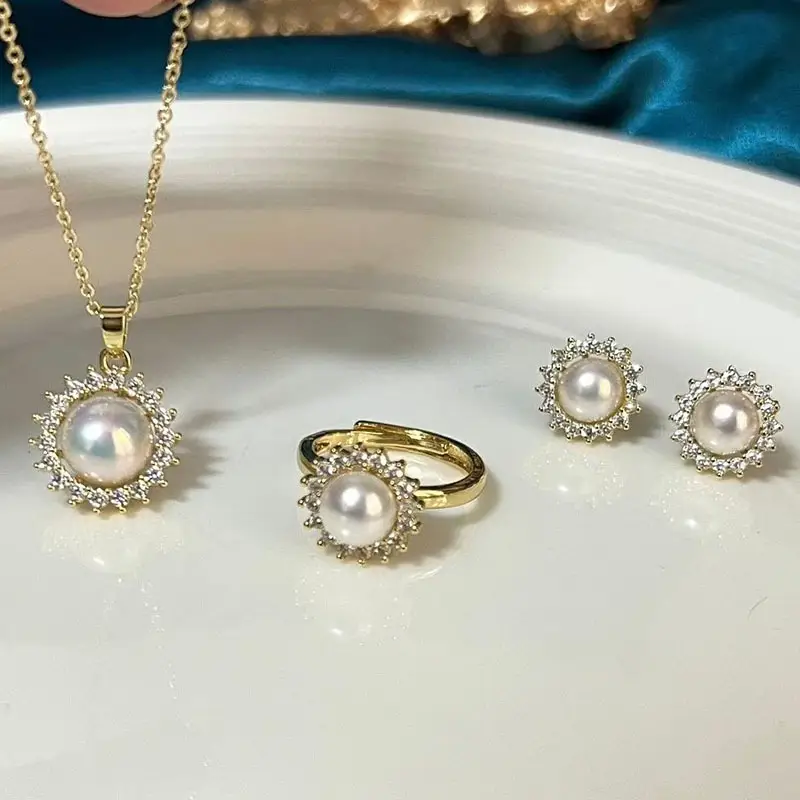 Luxury Pearl Earrings Necklace Ring Set for Women — feature 17