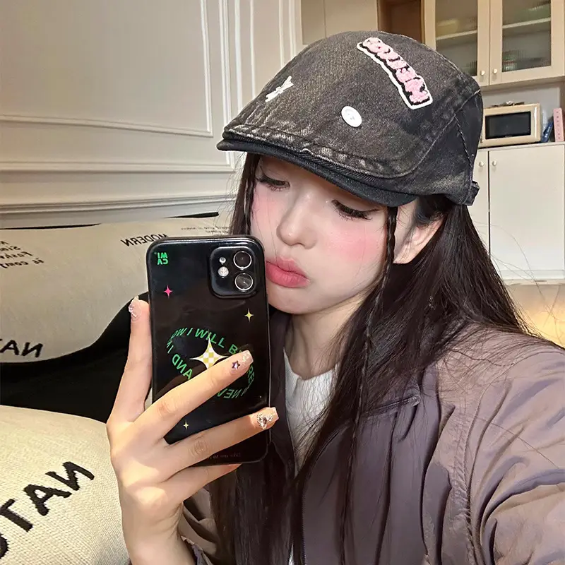 Women's Xiin Beret Hats Blue Black Retro Distressed - Image 4
