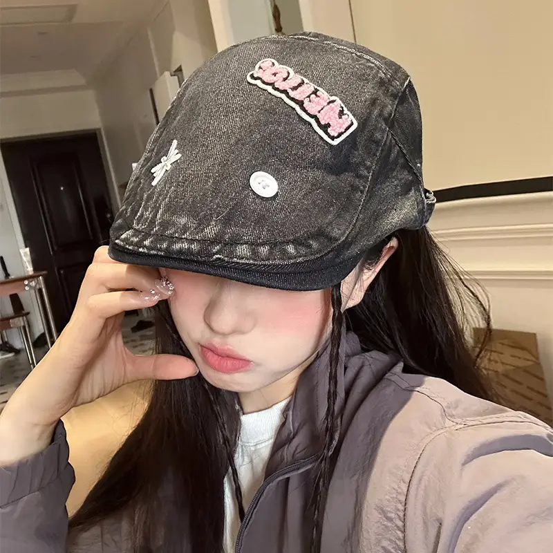 Women's Xiin Beret Hats Blue Black Retro Distressed - Image 5