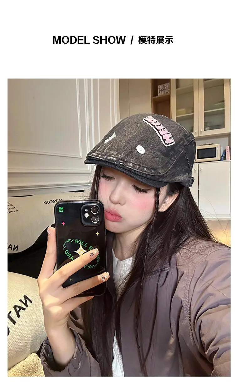 Women's Xiin Beret Hats Blue Black Retro Distressed — feature 5