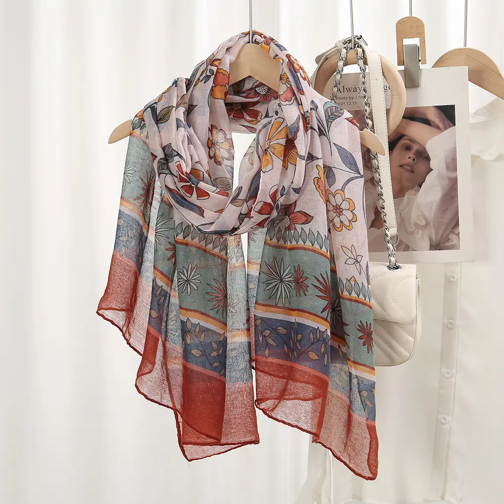 Silk Printed Scarf Women Large Blue Floral - Image 7