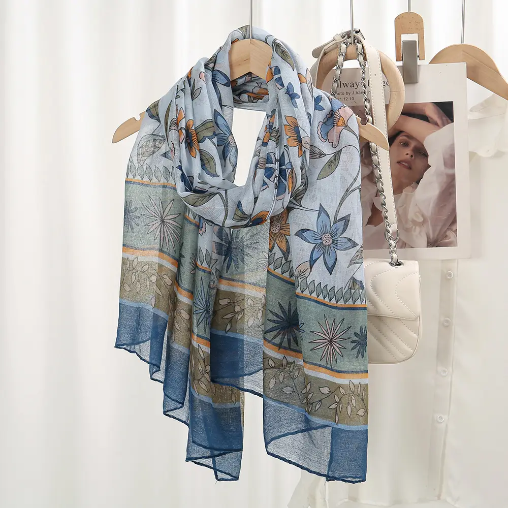 Silk Printed Scarf Women Large Blue Floral — feature 12
