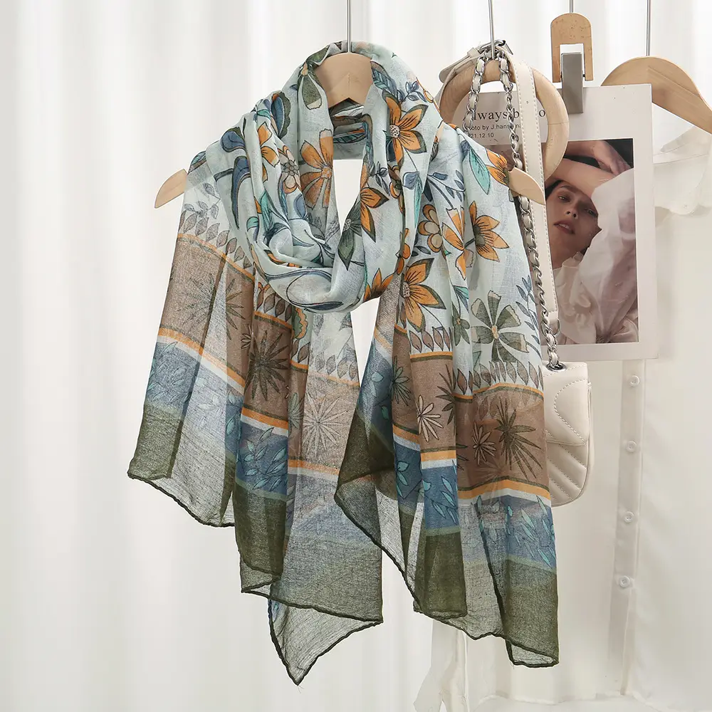 Silk Printed Scarf Women Large Blue Floral — feature 6