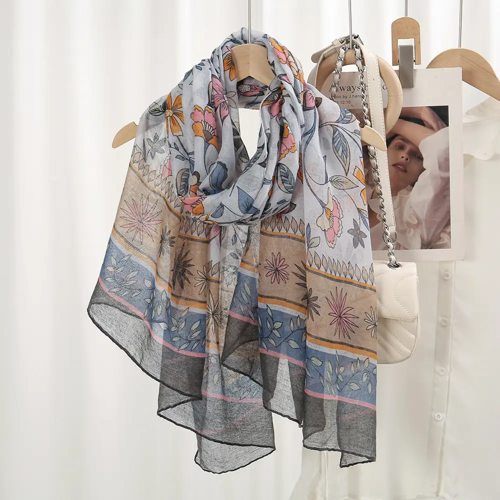 Silk Printed Scarf Women Large Blue Floral — feature 8