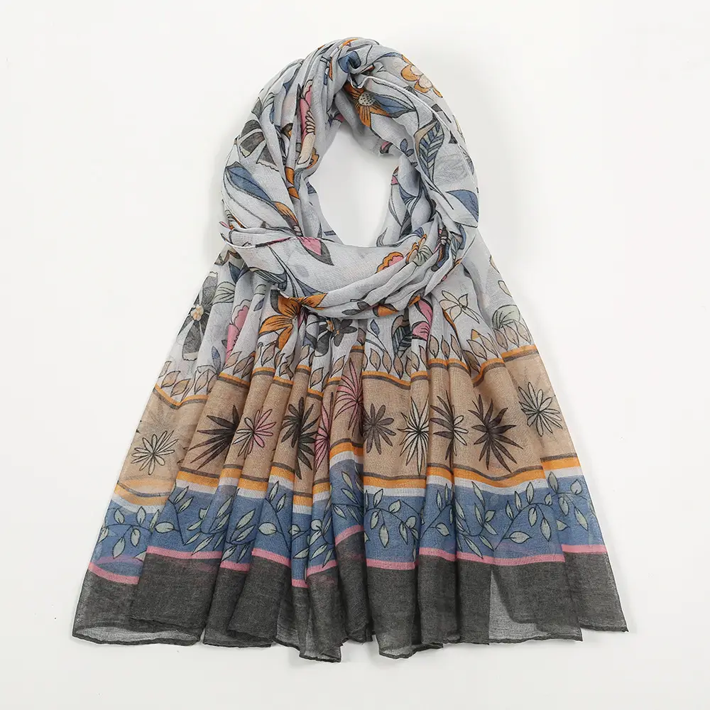 Silk Printed Scarf Women Large Blue Floral - Image 3