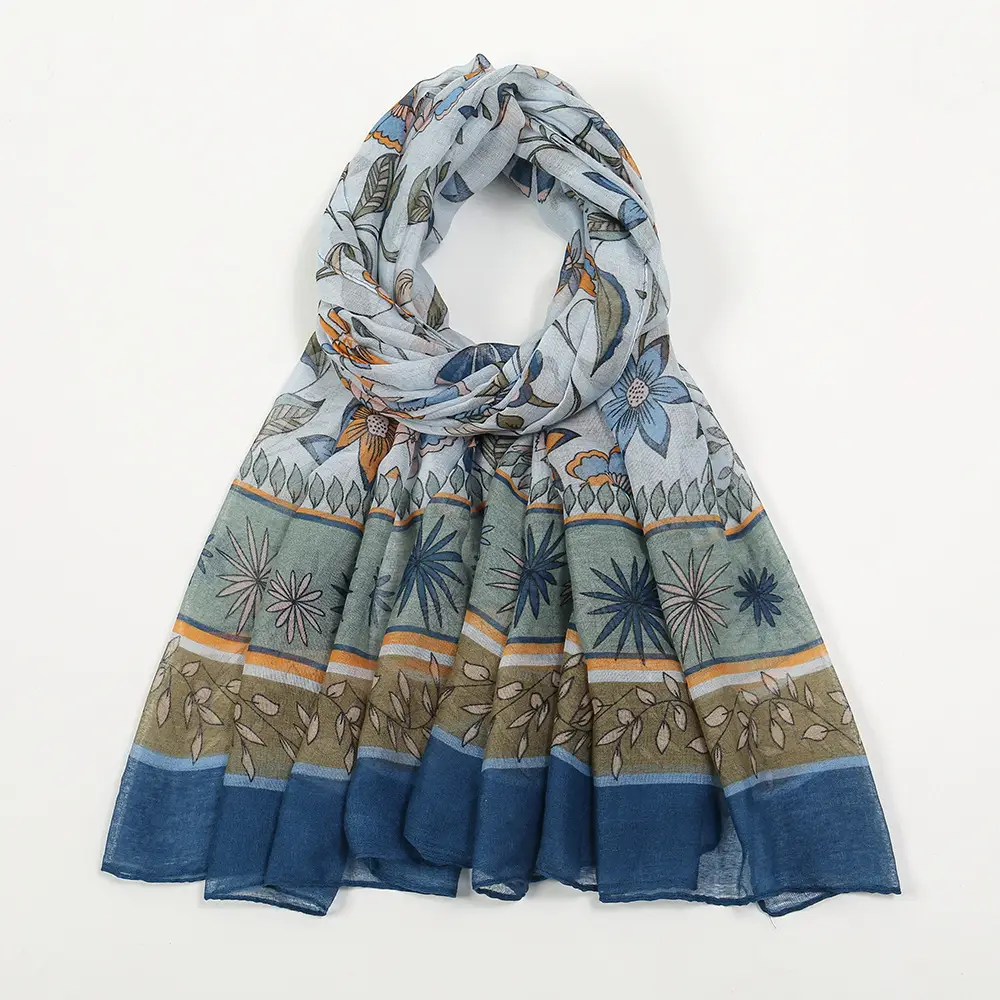 Silk Printed Scarf Women Large Blue Floral - Image 5