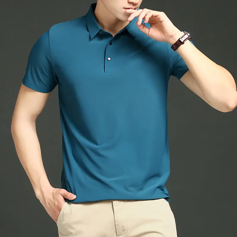 Men Blue Ice Silk Polo Shirt Short Sleeve Business Wear