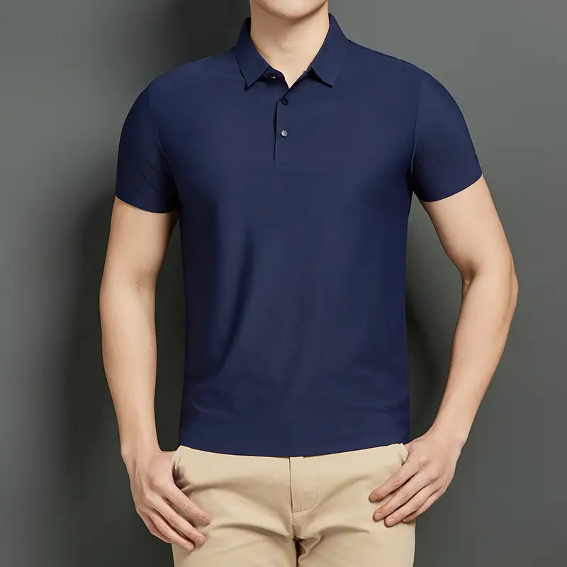 Men Blue Ice Silk Polo Shirt Short Sleeve Business Wear
