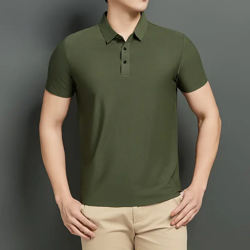 Men Blue Ice Silk Polo Shirt Short Sleeve Business Wear