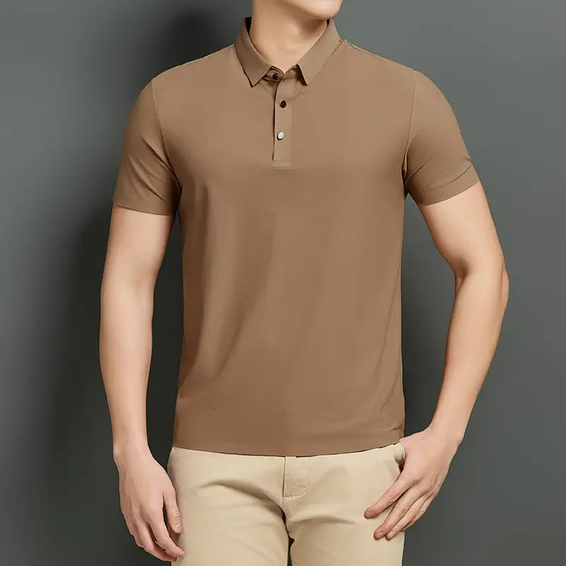 Men Blue Ice Silk Polo Shirt Short Sleeve Business Wear