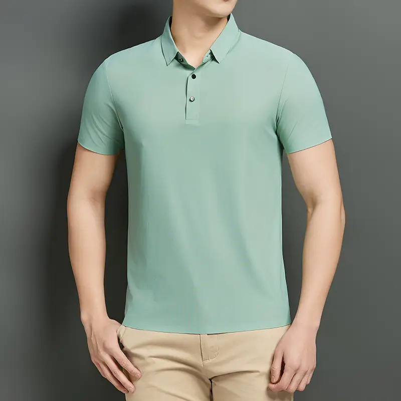 Men Blue Ice Silk Polo Shirt Short Sleeve Business Wear