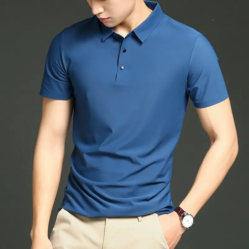 Men Blue Ice Silk Polo Shirt Short Sleeve Business Wear