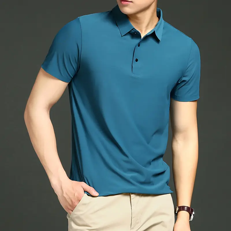Men Blue Ice Silk Polo Shirt Short Sleeve Business Wear